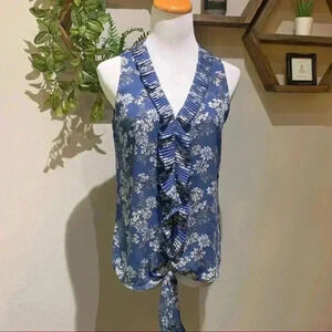 Chelsea28 blue floral ruffled tie in front blouse